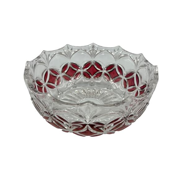 Vintage Red Cranberry Glass Medium Serving Bowl Thick Textured Etched Bohemian - Picture 3 of 6